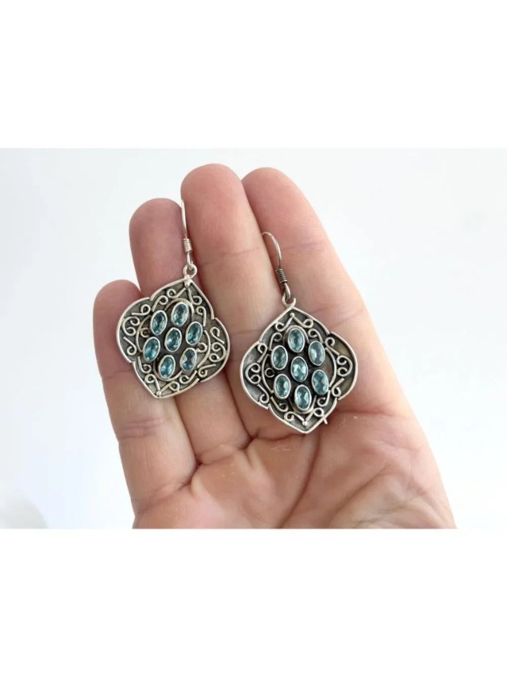 Blue Topaz Gemstone Oval Balinese Inspired Sterling Silver Vintage 925 Earrings - Picture 9 of 14